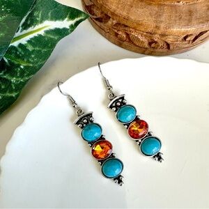 Turquoise & Orange Stone Earrings Geo Silver Tone  Boho Western Hippie Gift NEW